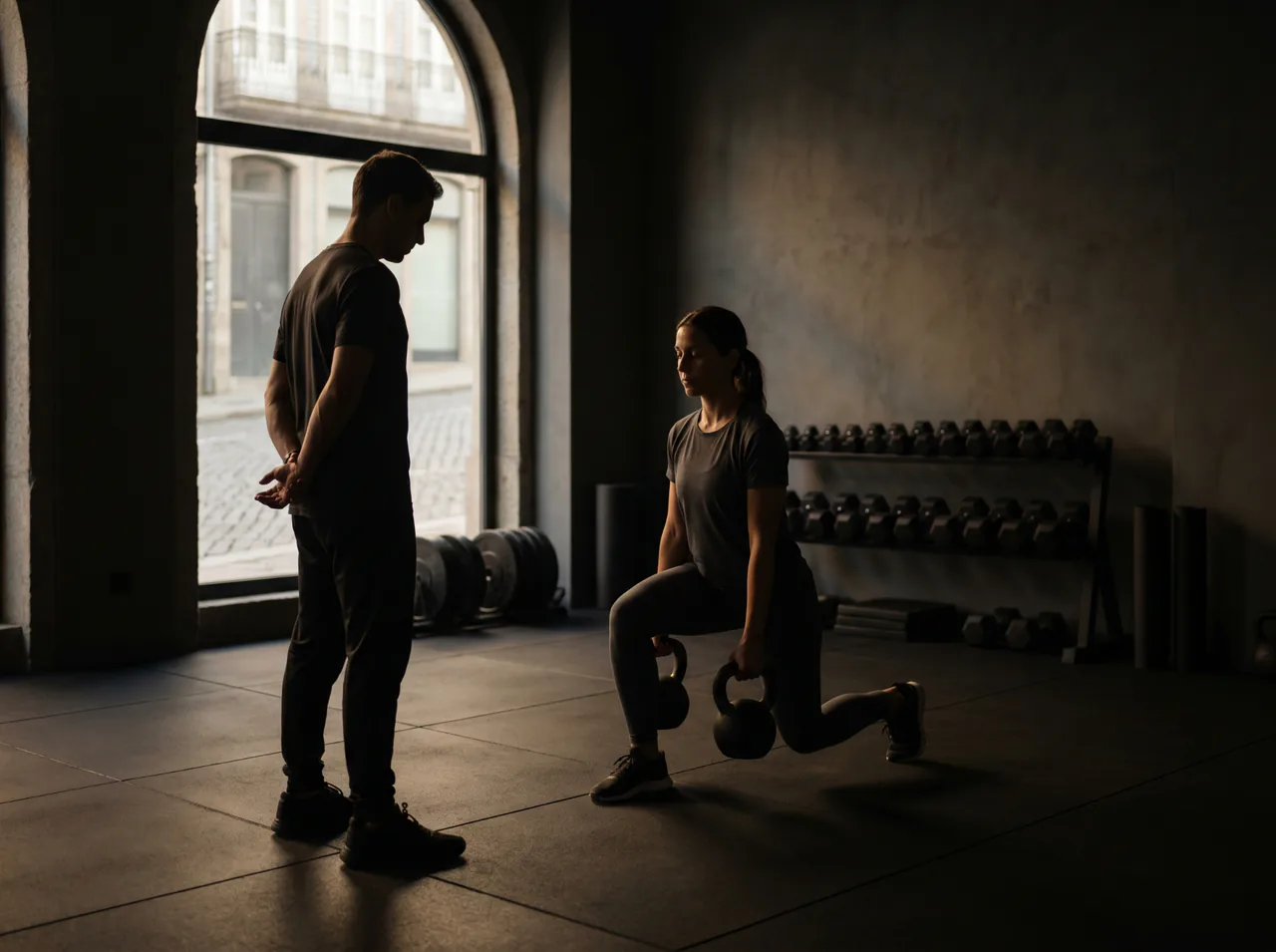 Atleta a treinar num estúdio escuro